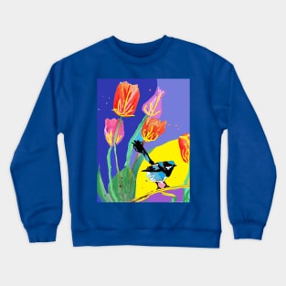 Abstract Blue Wren and Tulips Painting - on Multicoloured Crewneck Sweatshirt